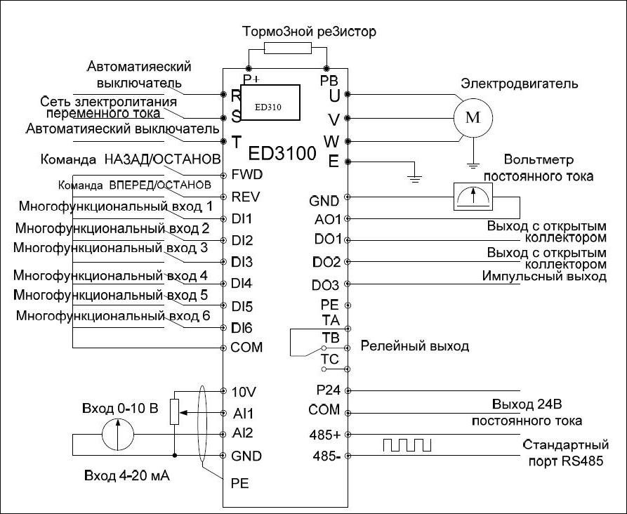 Электрическая схема подключения частотных преобразователей серии ED3100-4T0007M ~ ED3100-4T0185M